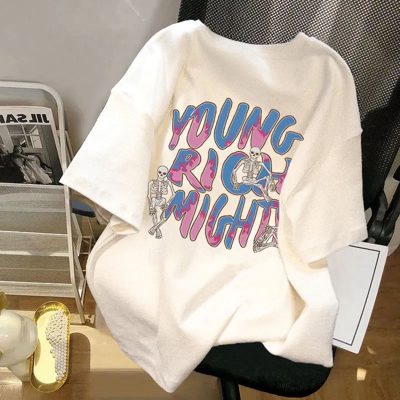 A1055-1227 Po floret t shirt oversize lengan pendek Kaos Street retro letters katun murni korean style wanita top
