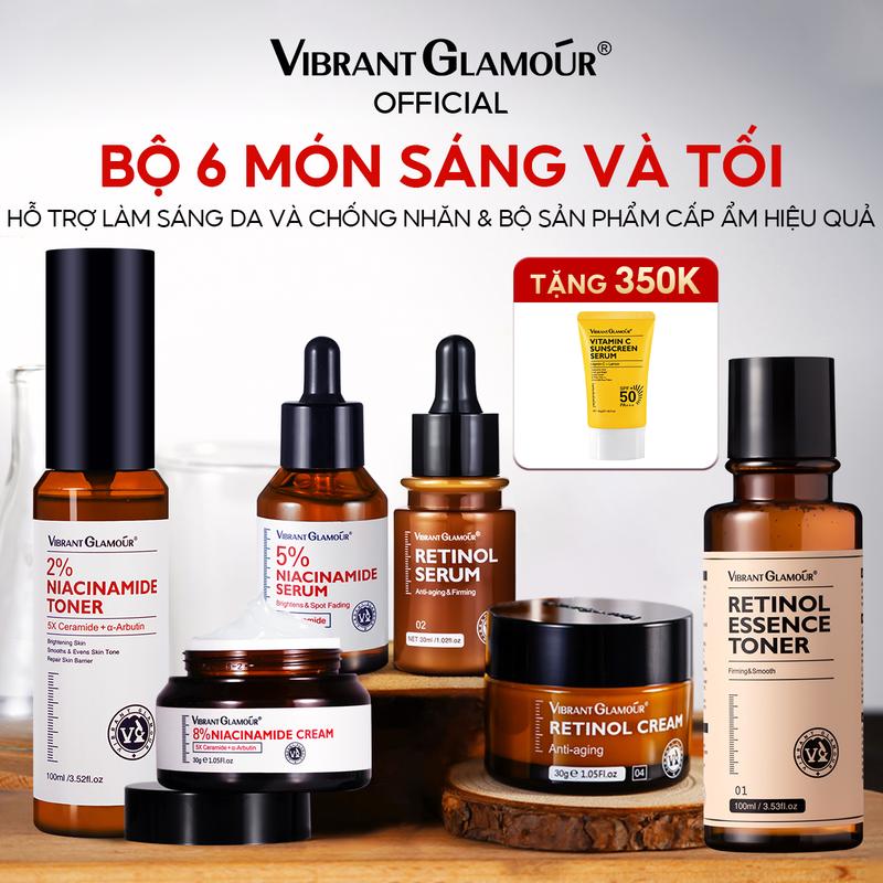 Bộ combo gồm Toner+Serum+Kem dưỡng Retinol & Niacinamide VIBRANT GLAMOUR Hỗ Trợ Nâng Tông và Hỗ Trợ Tươi Trẻ Da dung tích Toner 100ml dung tích serum 30ml dung tích kem 30g Skincare