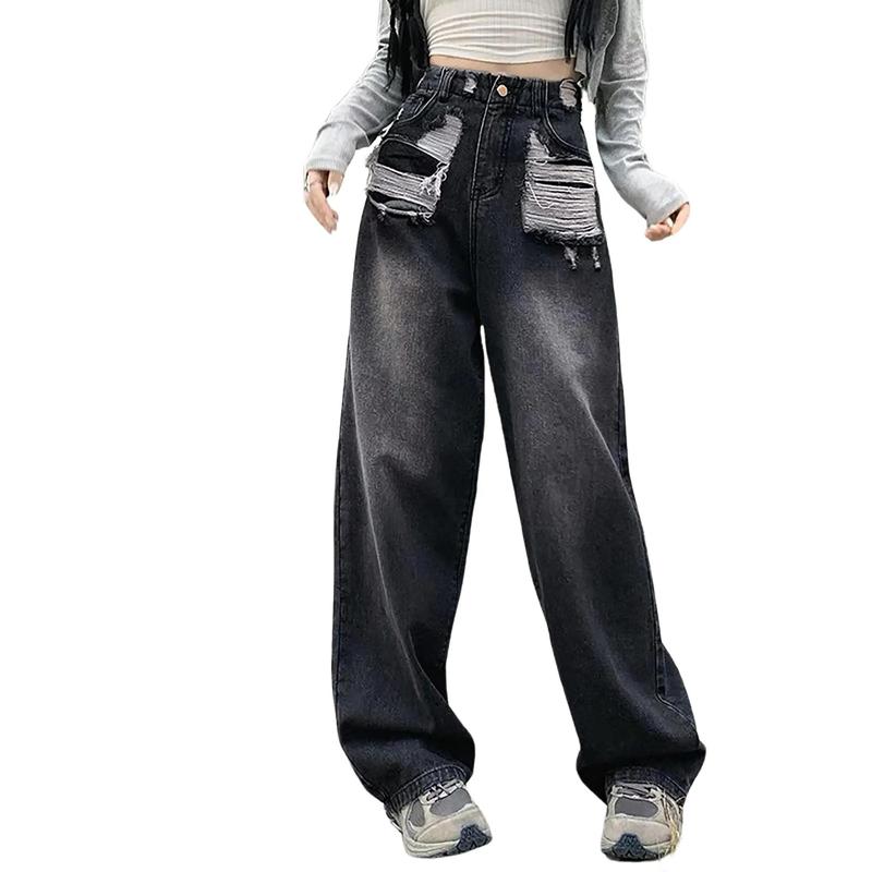 Quần Jean Nữ, Quần Suông Ống Rộng Lưng Cao Rách Túi Big Size 60-90kg 4457 Pants Denim Women Ong