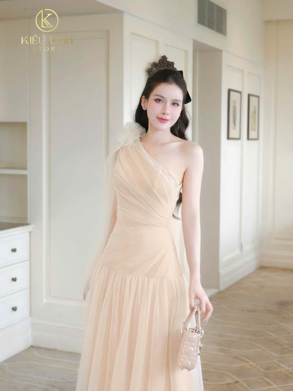 [Kiều Linh]-Váy Maxi Dự Tiệc Thiết Kế Lệch Vai KL281 chất liệu Lưới cao cấp, 2 Lớp Lót, Giấu Đường May, kết Hoa vai 4