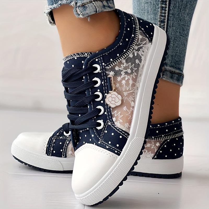 Women's Floral Mesh & Cover Casual Sneakers - Breathable Low-Top Lace-Up Round-Toe Shoes with PU Sole for Casual Attire, Ladies Sneakers, Comfortable Footwear, Durable Traction Footwear 2
