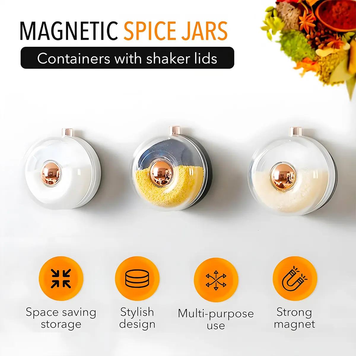Atlodas Magnetic Spice Jars for Refrigerator. Refrigerator Spice Jars with Shaker Lids. For Kitchen, RV, Travel Trailer. Magnetic, Round.  #SpiceJars #MagneticContainers #KitchenOrganization Seasoning Smooth