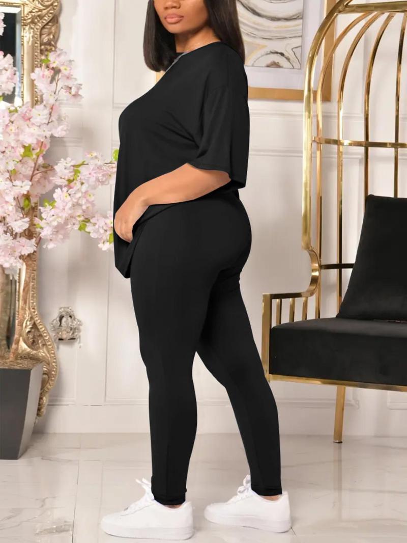 Product Introduction of 【Plus Size】 Solid Color Tee & Skinny Pants Two-Piece Set, Casual Round Neck T-Shirt & Trousers for Daily Wear, Women's Two-Piece Set for All Seasons 2