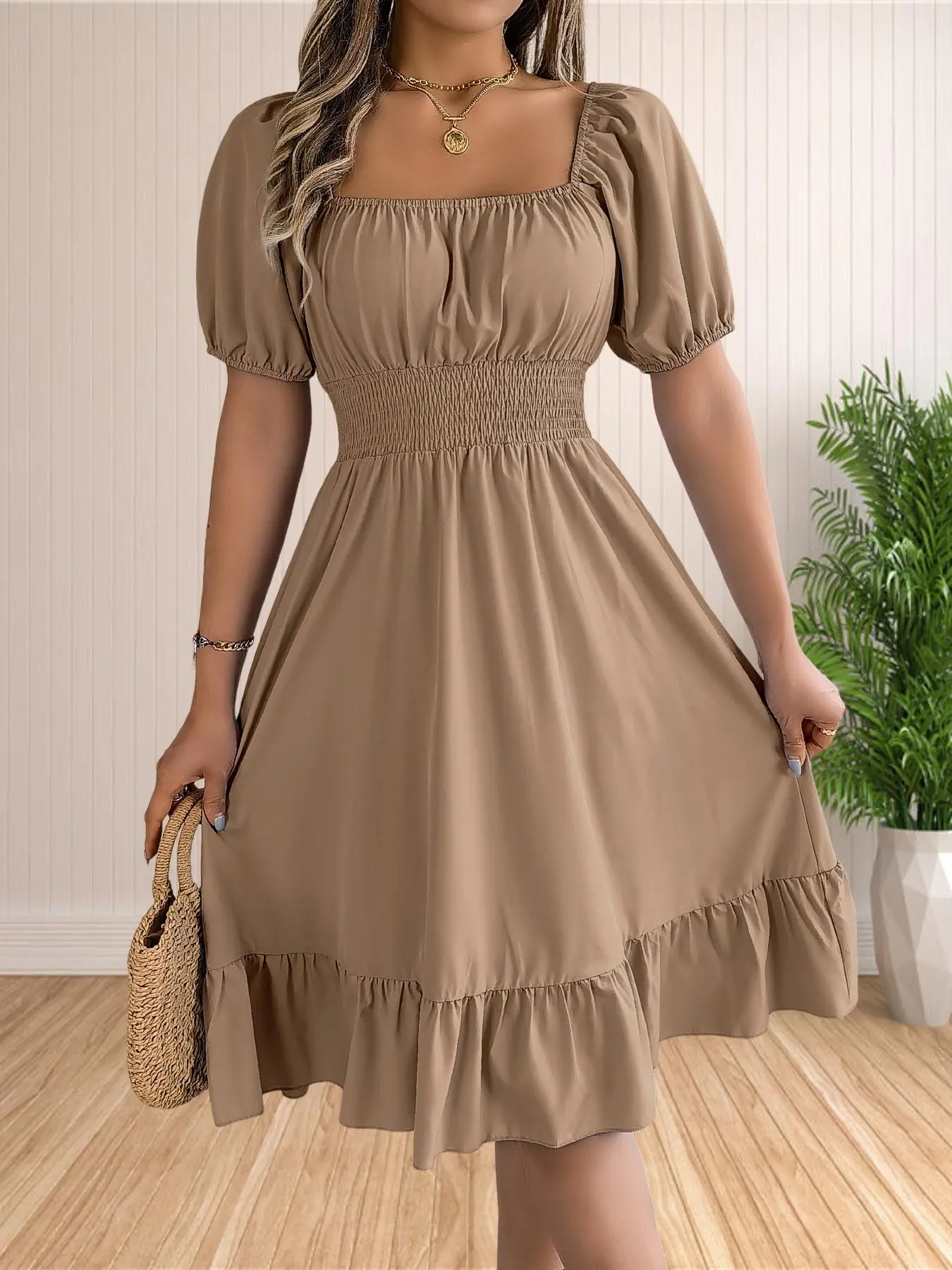 Women's Plain Ruffle Hem Shirred A Line Dress, Casual Puff Sleeve Square Neck Knee Length Dress for Summer, Women's Clothing for Daily Wear