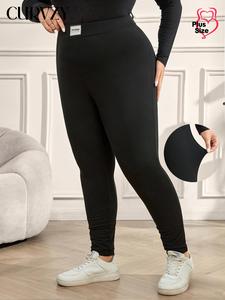 CURVZY Plus Size Solid Color Patched Leggings, Casual Comfy Breathable Skinny Pants for Daily Wear, Women's Bottoms for Fall