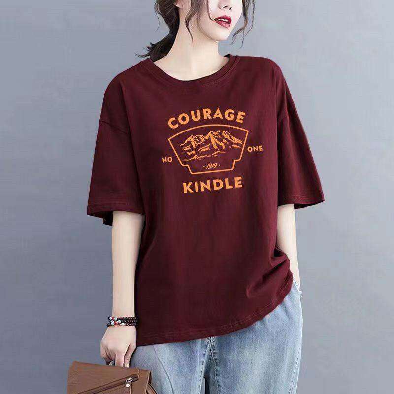 Áo Thun Cotton Ngắn Tay, Bộ Sưu Tập Mới Mùa Hè Năm 2025, Dành Cho Phụ Nữ, Phong Cách Hàn Quốc, Dáng Rộng Vừa Vặn, In Hình, Ngoại Cỡ, Dễ Phối Đồ, Hình Dạng Lắc Lư, Áo Cánh Cổ Tròn, Áo Lớp Nền 4