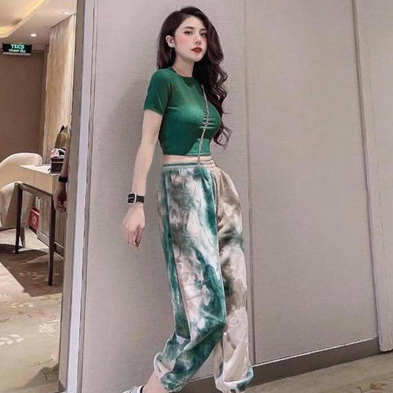  Bộ croptop loang thể thao cộc tay chất cotton 4c phối màu cách điệu kết hợp quần bo gấu năng động Sport Thun  Đồng phục thể thao Chạy Bộ Tập Gym 
