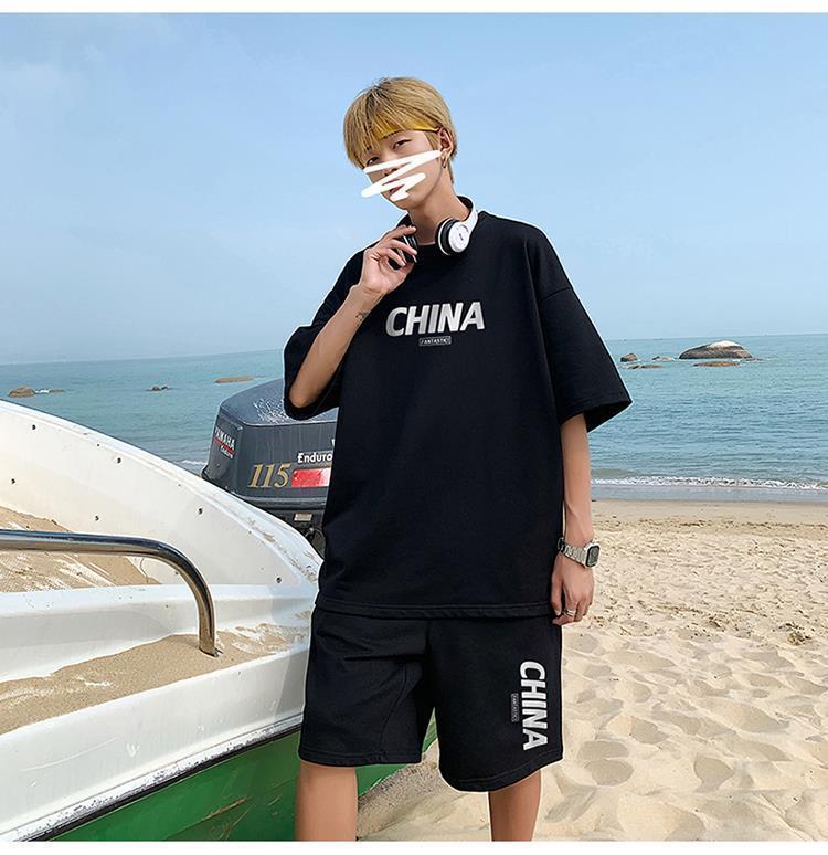 Product Introduction of Summer New Trendy Hong Kong Style Simple Letter Printing Leisure Sports Suit Green Student Short Sleeve Shorts Two Pieces Suit Menswear Overalls Lingerie Formal 24
