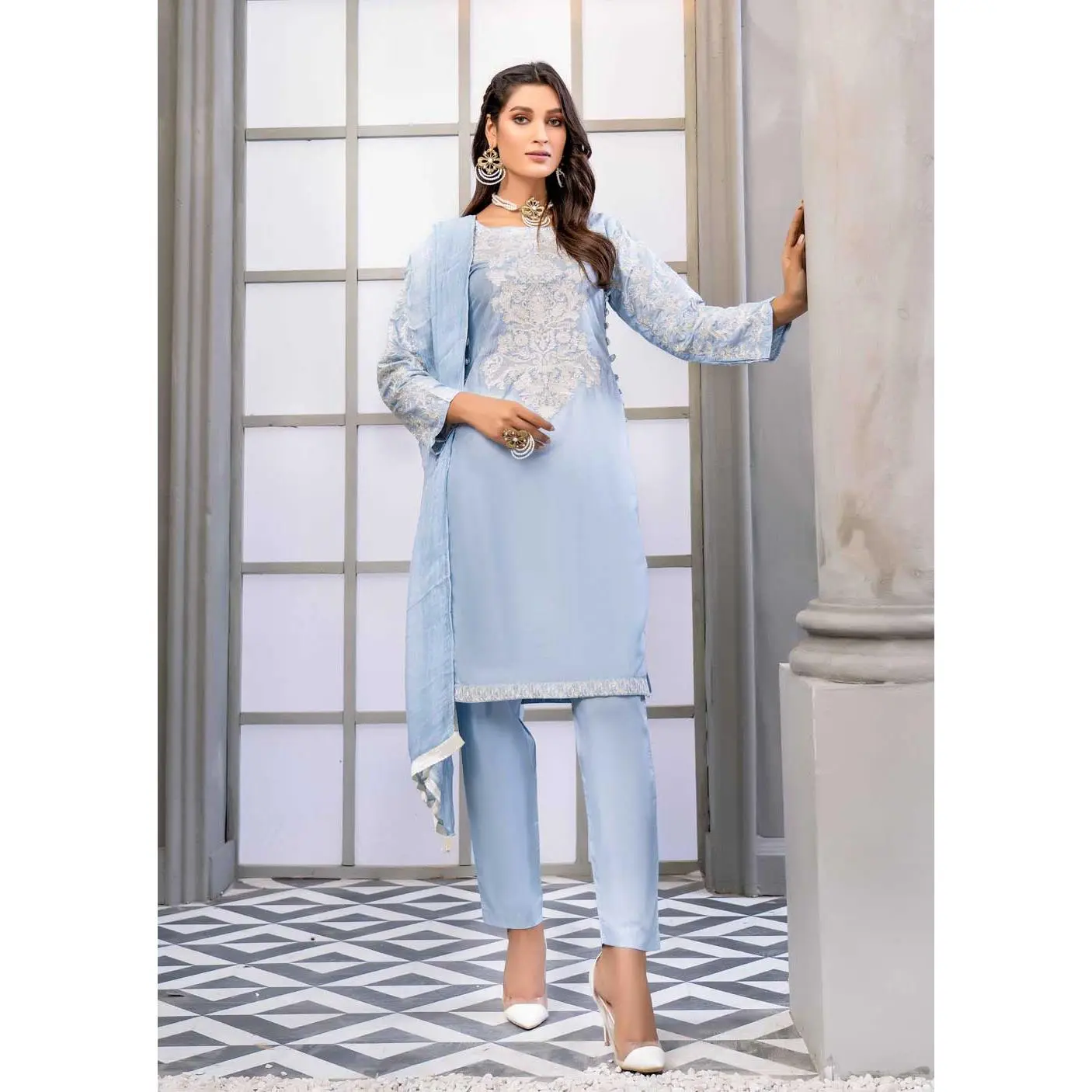 HK29 Readymade Baby Blue Mother & Daughter Linen Suit