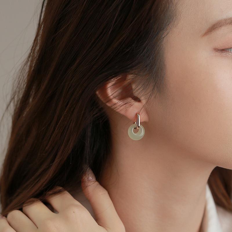 Khuyên Tai Tròn, Màu Vàng Tinh Tế Dành Cho Nữ, Mặt Dây Chuyền Ngọc Bích Hòa Điền Giả, Phụ Kiện Khóa Tai, Tuyệt Vời Làm Quà Tặng 6