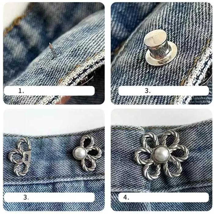 NEWW!!! Kancing Jeans Pengecil Lingkar Pinggang Motif Bunga Kancing Rok, Jeans, Baju Lepas Pasang Bross - Silver 2