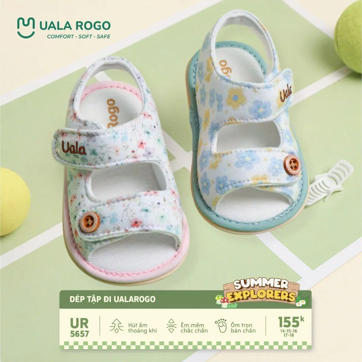 Dép bé trai bé gái tập đi Ualarogo sandal đế cao su chống trượt quai dán điều chỉnh rộng chật 5657