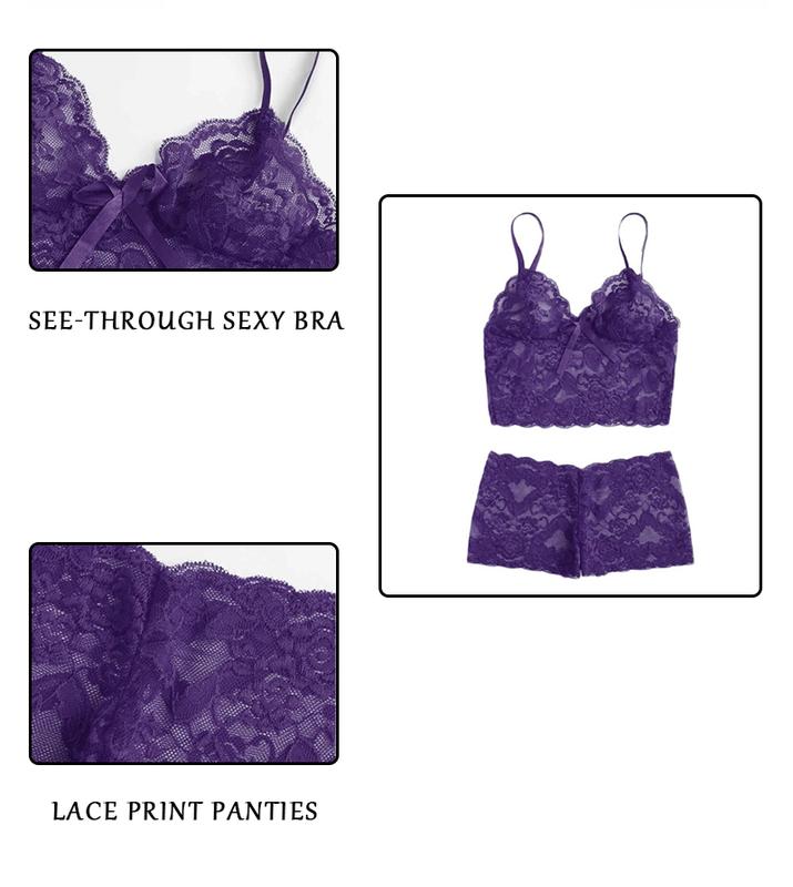 Product Introduction of LOPNT Women's Sexy Lingerie Lace Perspective Underwear Printing Hollow Out Breathable Bra Set Sling Top Panties Female Sleepwear 10