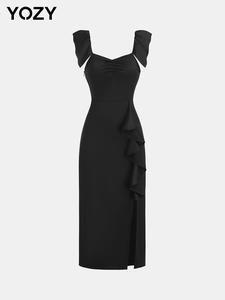 YOZY Women's Plain Ruffle Trim Dress, Elegant Long Dress for Party Holiday Wedding Guest, Ladies Summer Clothes