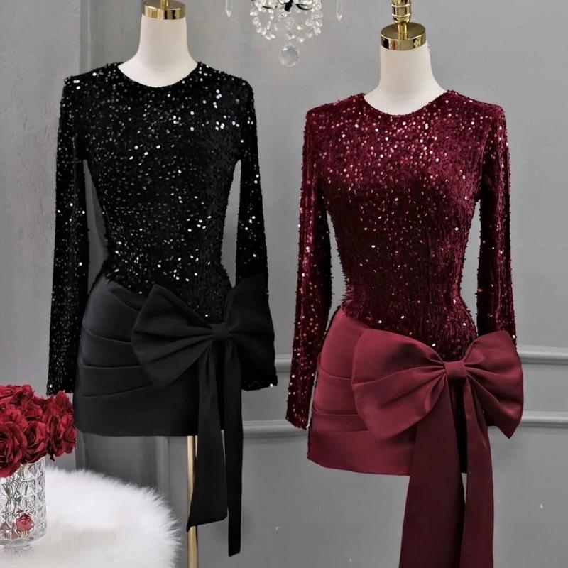 Váy thiết kế dự tiệc nữ - Váy kim sa tay dài bản nơ to cạnh sườn 2 màu (CL538) Women Dress Nhung 4