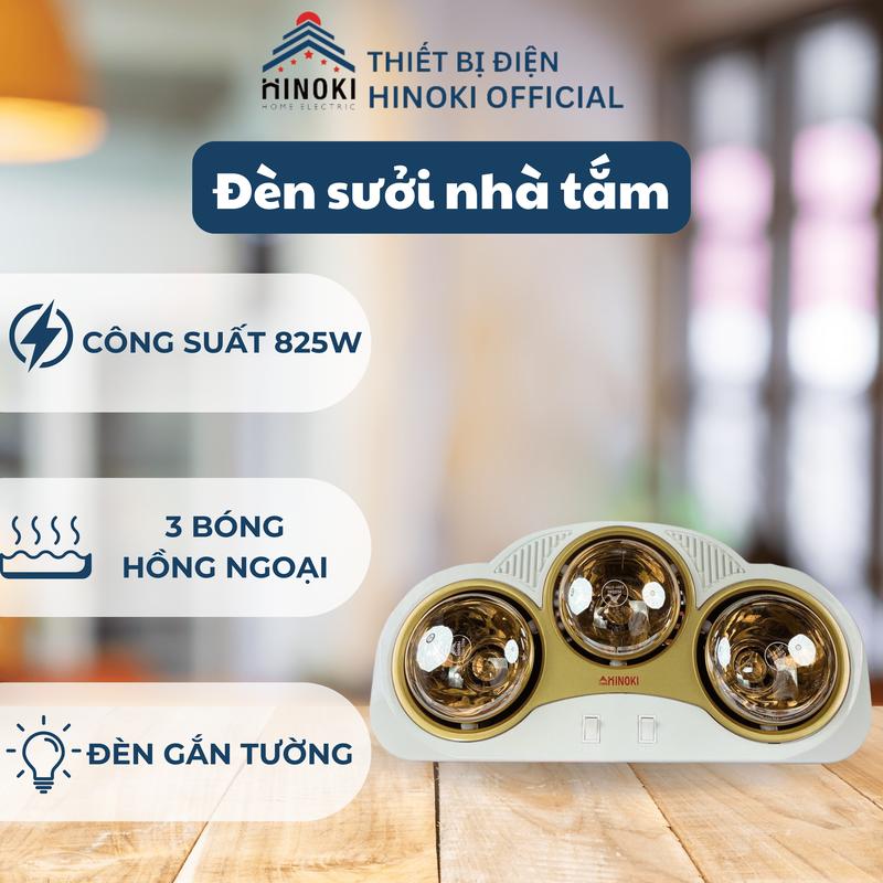 Đèn Sưởi Nhà Tắm HINOKI 3 Bóng Hồng Ngoại Công Suất 825W - Đèn Gắn Tường - Sưởi Ấm, Máy Sưởi