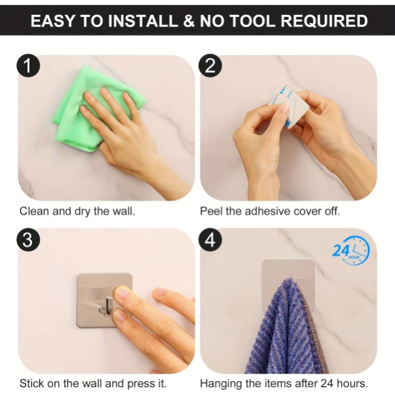 1/2/4/6/12pcs Heavy Duty Adhesive Hooks, Towel Hooks, Stick On Hooks, Wall Hangers, Waterproof Stainless Steel Sticky Hooks For Bathroom Kitchen Home 6