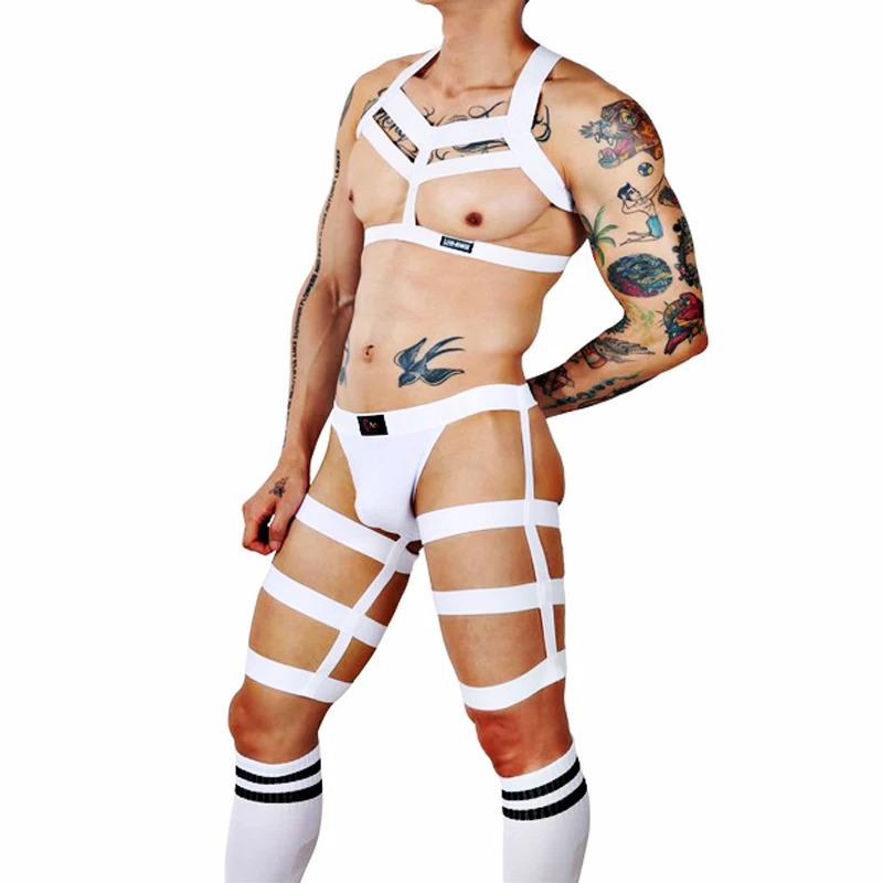 Product Introduction of Male Erotic Fetish Costume Strap Lingerie Body Harness Stockings Sexy Mens Jockstrap Thigh Suspender Briefs with Bandage Belt 7