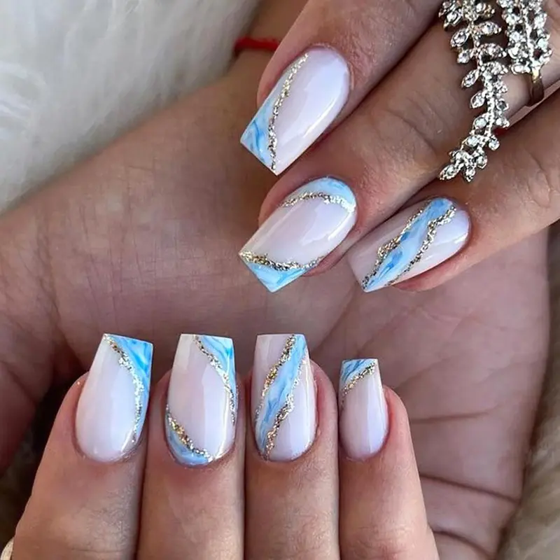Marble Pattern Fake Nails with Nail File & Sticker, 24pcs French Style False Nails for Women & Girls DIY Nail Art, Manicure Accessories 0