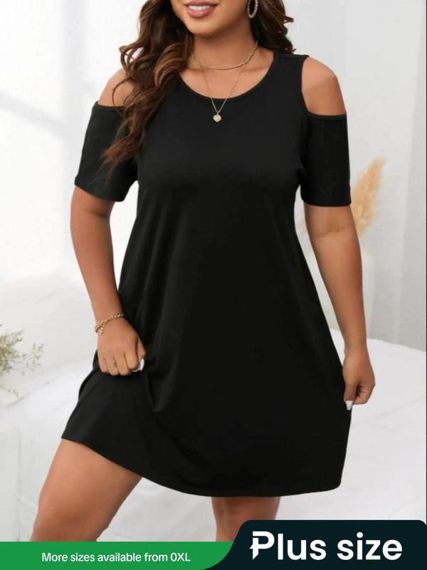 【Plus Size】 Basic Plain Cold Shoulder Dress, Elegant Short Sleeve Dress for Summer, Women's Clothes for Daily Wear 0