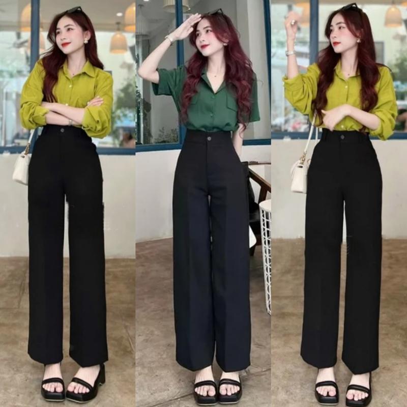 Quần ống rộng nữ lưng cao dáng suông nữ 1 khuy màu đen cực chất vải tuyết mưa mềm đẹp dễ phối đồ - Quần tây ống xuông đứng đi học làm công sở Pants Jean Ong Women quần ongsuong