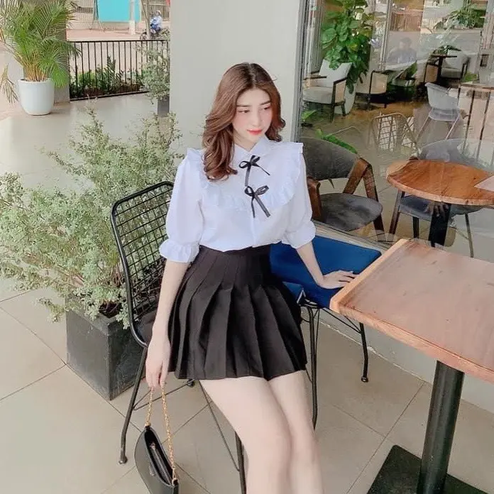 Áo sơ mi nữ tay ngắn đính nơ tiểu thư