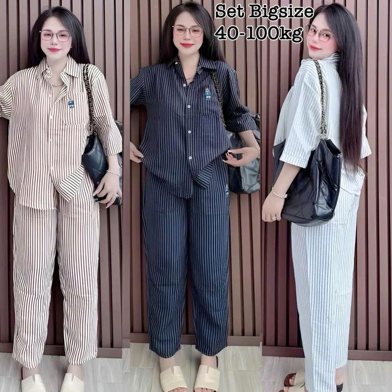  Thời Trang Bigsize - Set Bộ Đồ Bigsize Dài Tay Lửng Vải Sọc Hot Trend 2025 Form Rộng Thêu Gấu Che Giấu Bụng Hot Hit Cổ Sơ Mi Nữ Chuppy Cao Cấp Thoải Mái Mặc Nhà Đi Chơi Đều Xinh Đẹp Sang Trọng Dễ Thương Che Dáng Cục Đỉnh Cho Nàng Mũm Mĩm 40-110kg  2513 