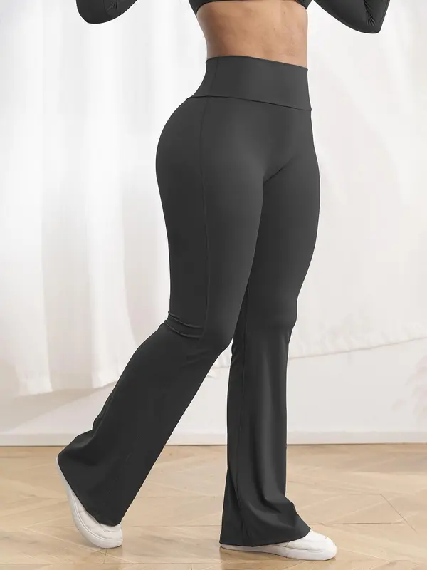 【Plus Size】 Solid Color Flare Leg Sports Pants, High Stretch Yoga Pants, Ladies Sportswear for Indoor Outdoor Wear 2