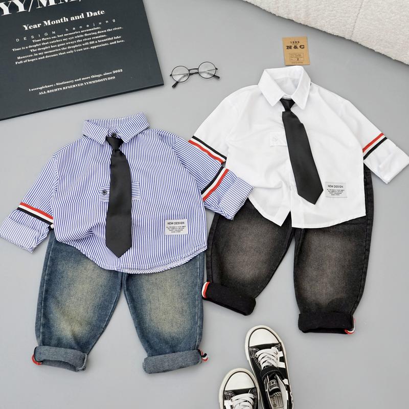Bộ Quần áo sơ mi DÀI TAY boy phố gồm 1 áo 1 quần jean dài  2 màu trắng xanh cho bé trai sz 10-30kg( mua 3 bộ kèm 1 kính , mua 5 bộ kèm 1 đồng hồ)  [Shop Linh kids 88]