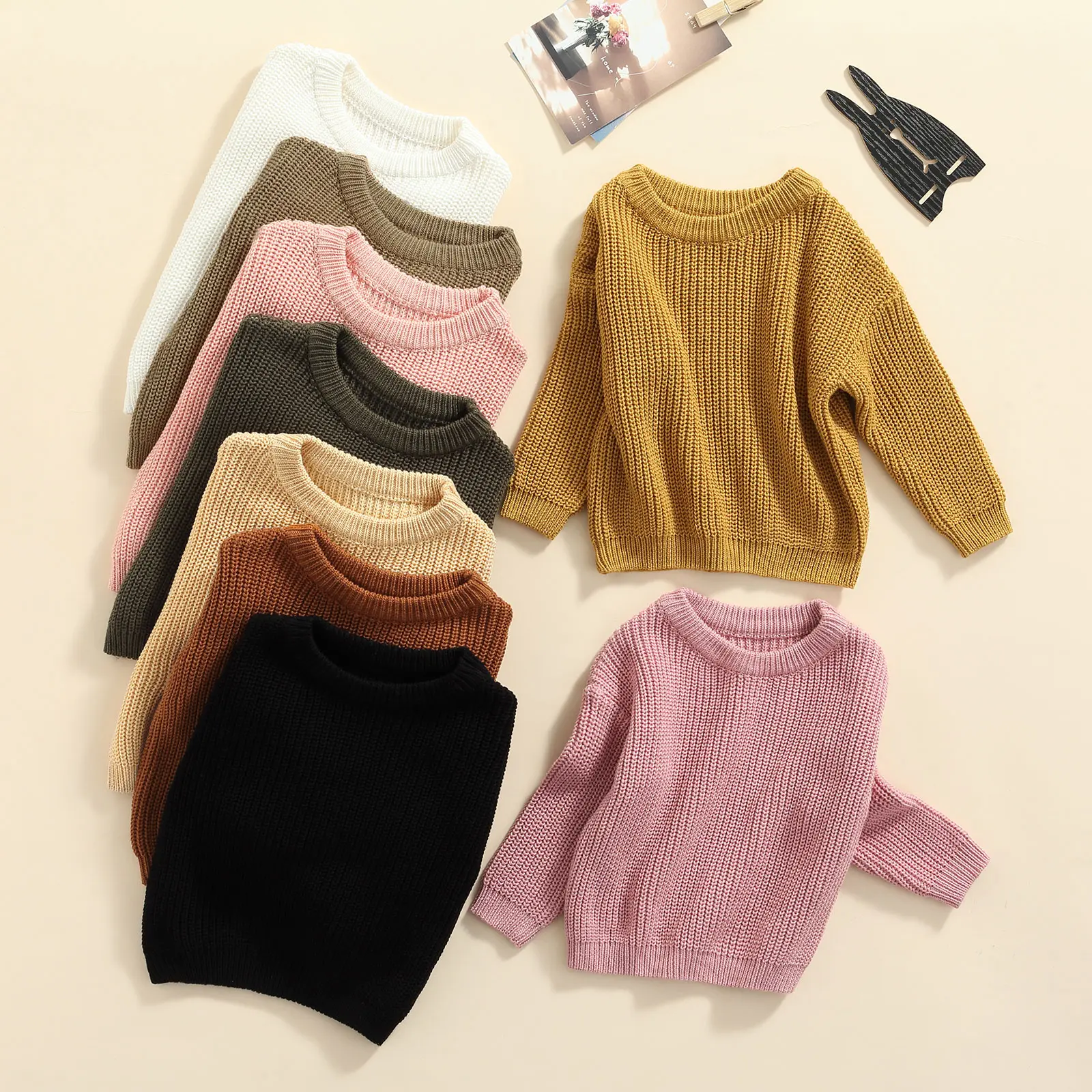Baby Boys Girls Solid Color O-neck SweaterLoose Fit Long Sleeve Knitted Pullover for Autumn Winter Casual Clothes