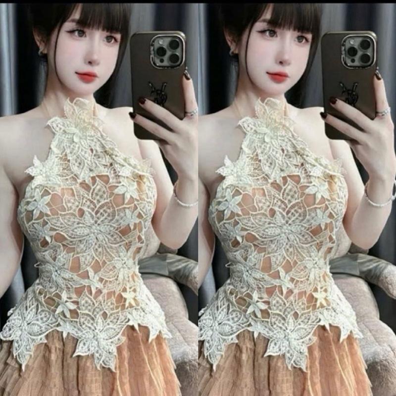 SET ÁO CỔ YẾM REN HOA MIX CHÂN VÁY LƯỚI SUÔNG DÁNG DÀI SANG TRỌNG Nữ áo có mút