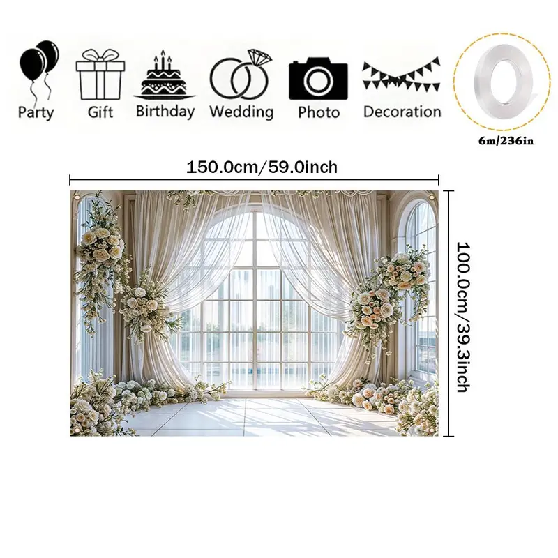 Wedding Themed Backdrop, 1 Count Flower & Curtain Pattern Backdrop, Decorative Banner for Photography Studio, Living Room & Bedroom Celebration 1