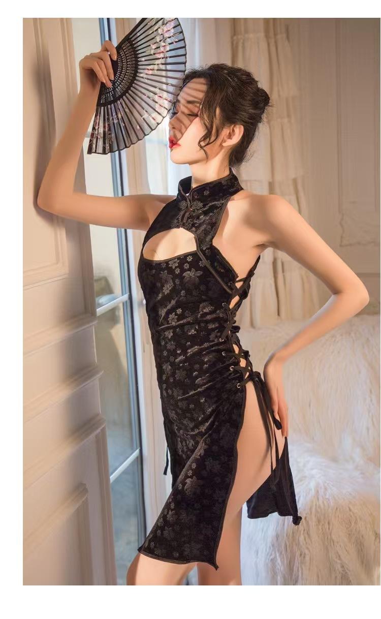 Product Introduction of Sexy Lingerie Women's Sexy Retro Style Standing Collar Cheongsam Pure Desire Side Open Strap Free Role Play Uniform 8