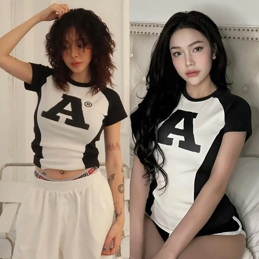Áo Thun Ngắn Tay Tương Phản In Chữ, Phong Cách Cổ Điển Y2K, Áo Crop Top, Dành Cho Nữ, 2000S