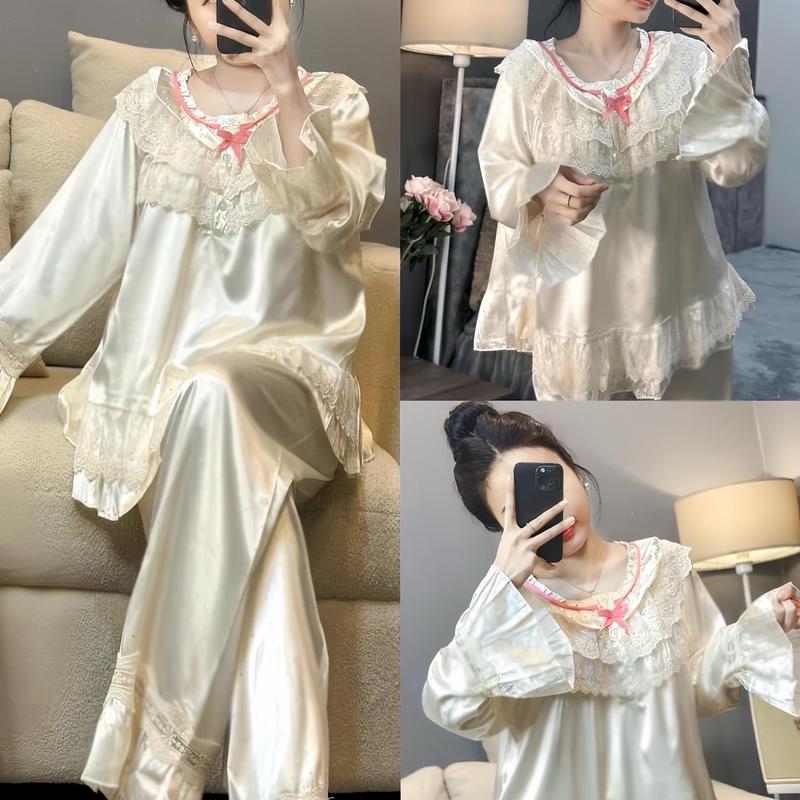 Bộ Pyjama Nữ Dáng Tiểu Thư Hoạ Tiết Gấu & Trơn Chất Lụa Latin Siêu Mát Freesize 40-60kg Nhung Voi Kem Women Nho