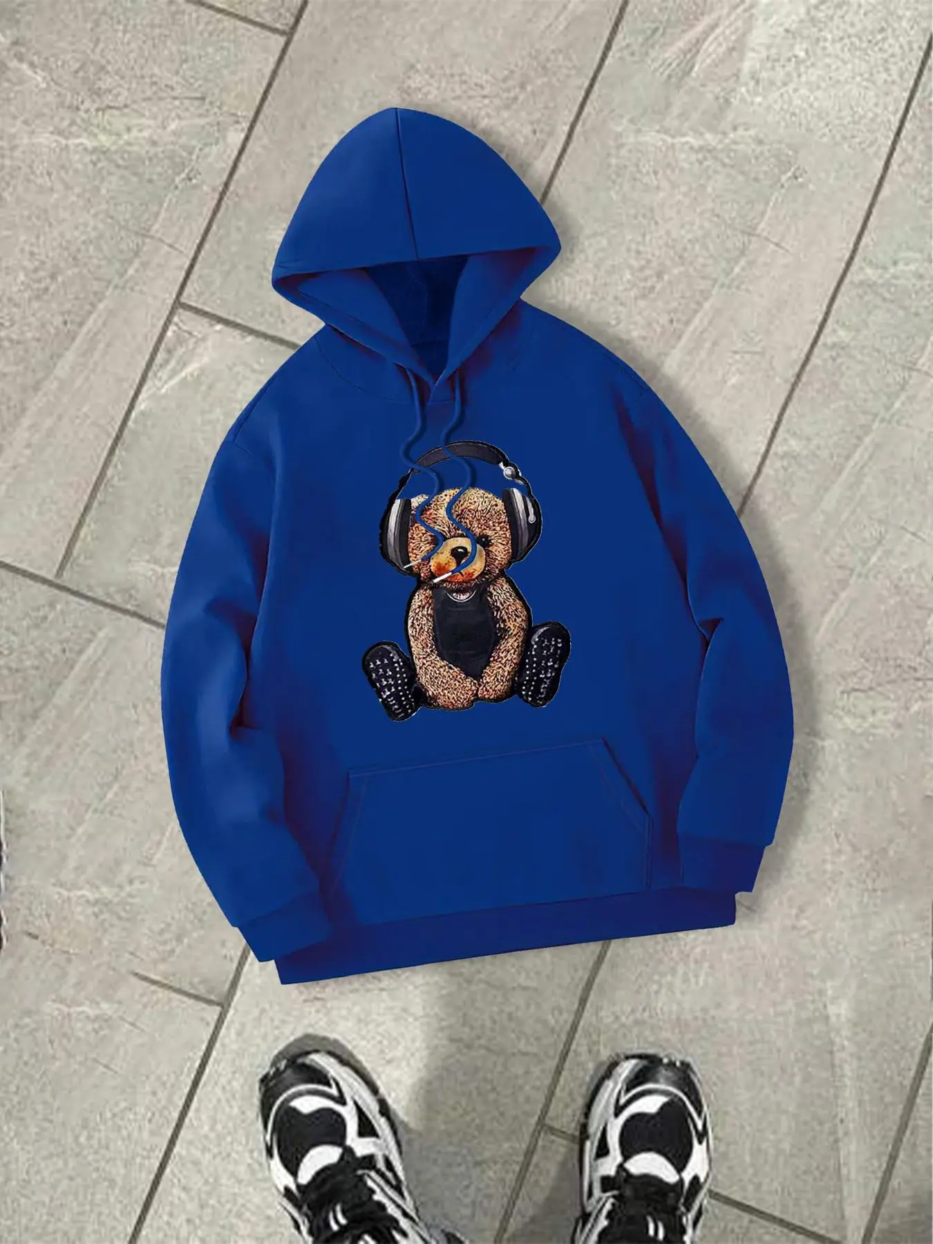 Men's Cartoon Bear Print Drop Shoulder Hoodie, Fashion Casual Regular Fit Drawstring Pocket Hooded Sweatshirt for Daily Holiday Outdoor Wear, Men Clothes for Fall & Winter