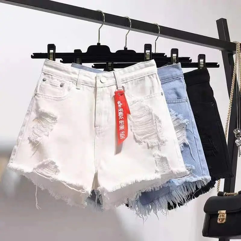 Quần Short Denim, Cạp Cao, Dành Cho Nữ, Hàng Mới Về Mùa Hè 2024, Dáng Rộng Vừa Vặn, Thiết Kế Lỗ, Ngoại Cỡ, Cô Gái Đầy Đặn, Ống Rộng, Chữ A, Quần Hot, Thời Trang