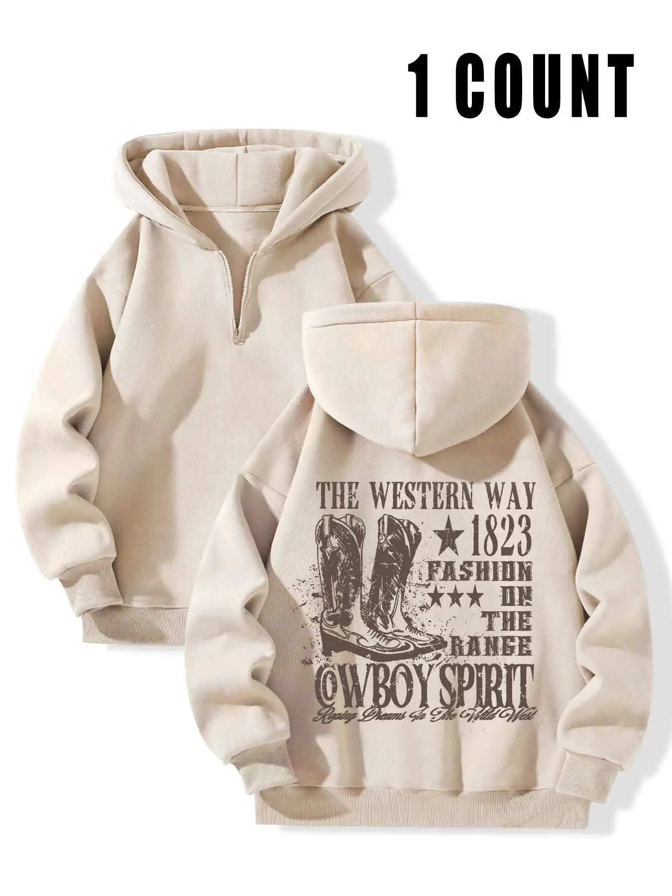 Women's Letter & Cowboy Print Drop Shoulder Hoodie, Fashion Casual Zipper Hooded Sweatshirt for Daily Holiday Outdoor Wear, Ladies Clothes for All Seasons