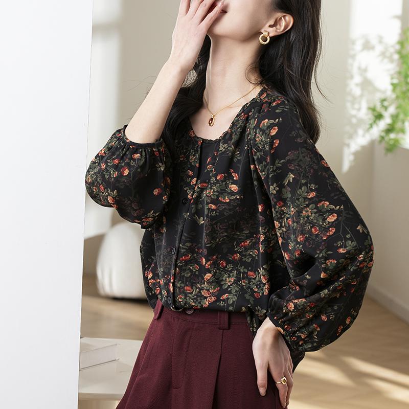 Vintage floral chiffon blouse, round neck, top, puff sleeves, loose fit, casual style, available up to 3XL