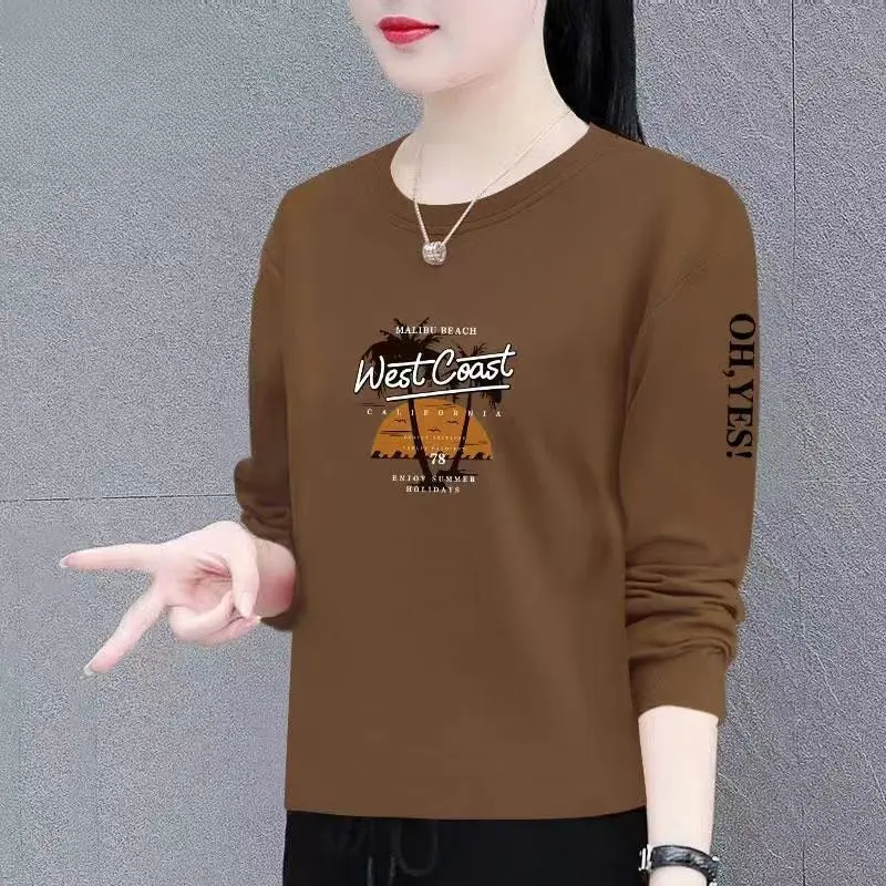 Áo Cotton, Cao Cấp, Dành Cho Nữ, Mùa Xuân Và Mùa Thu, Hàng Mới Về, Dài Tay, Phong Cách Hàn Quốc, Dáng Rộng Vừa Vặn, Mỏng Vừa Vặn, Thời Trang Phong Cách Phương Tây, Dễ Phối Đồ Áo Phông Top Women Cổ Tròn