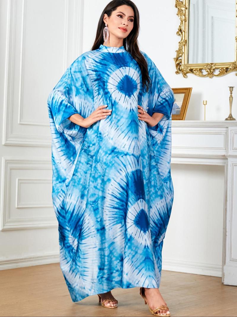 Product Introduction of Women's All Over Print Batwing Sleeve Kaftan, Elegant Mock Neck Long Sleeve Dress, Arabic Clothing for Women 13