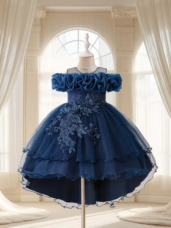 Girl's Floral Embroidery Layered Tulle Formal Dress, Elegant Party Tutu Dress for Performance Show Wear, Kids Clothes for All Seasons 2