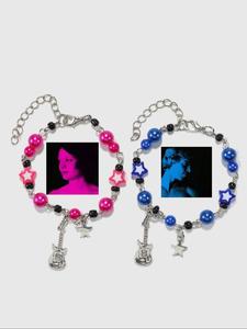 Pulseras unisex lindas con dijes de guitarra y estrella, 2 piezas/set de pulseras de cuentas coloridas y modernas Y2k para mujeres y hombres, joyería elegante y versátil como regalo para pareja y amigos