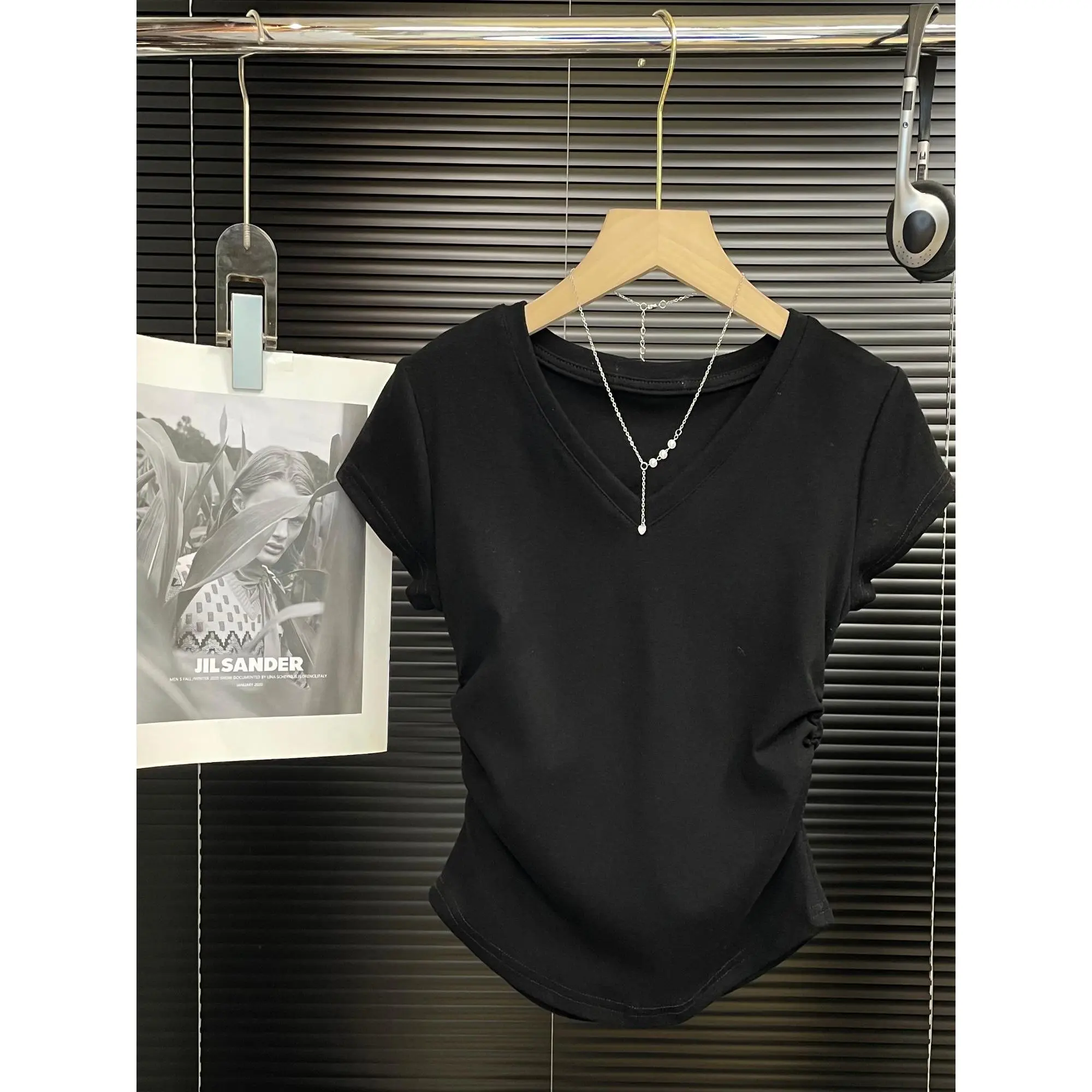 Side pleated waist T-shirt women's cotton short sleeve V-neck slim curved solid color top