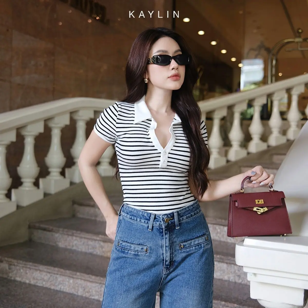 Áo thun nữ KAYLIN form ôm cổ Sơ mi phối sọc chất vài thun co giản form Polo phong cách công sở thanh lịch - N2252 Top Women Polo Cotton | BigBuy360 - bigbuy360.vn