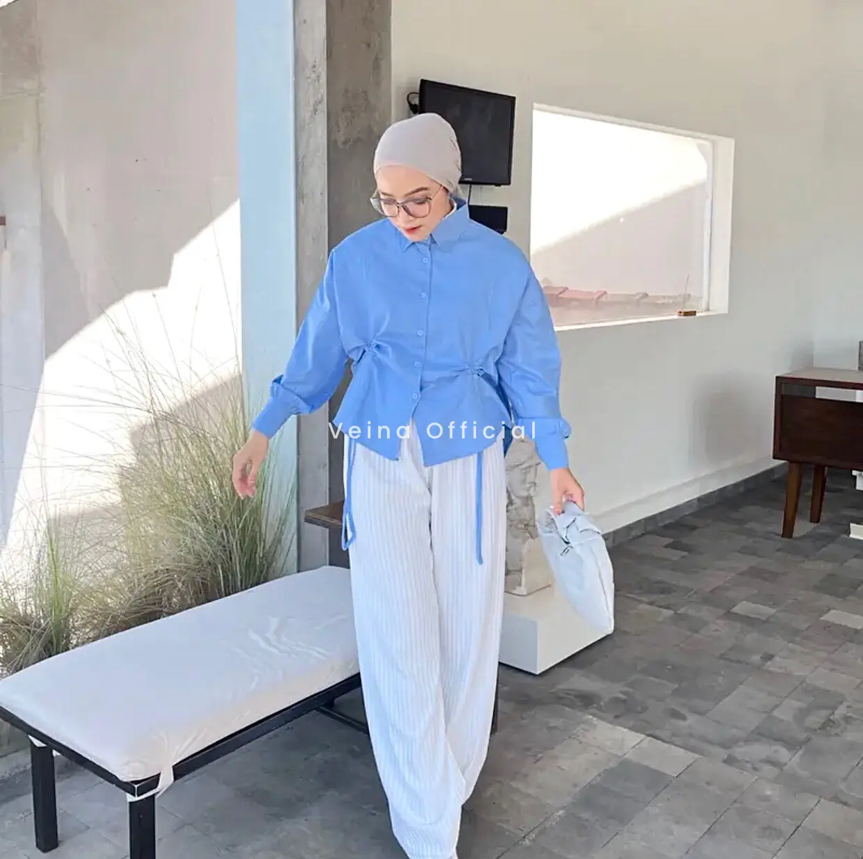 Kemeja Katun Oversize Serut Depan - Shirt Katun Oversize Serut Depan Baju Lembut Kancing Biru