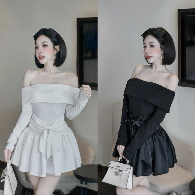 Đầm Trễ Vai Tay Dài Phối Nơ Eo Tacta ( Có Kèm Quần Trong )