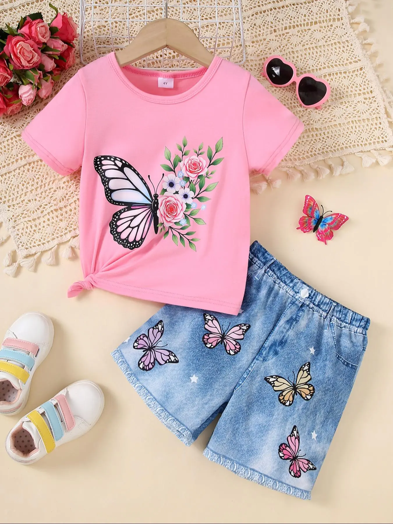 Two-piece Set Girl's Butterfly Print Short Sleeve Tee & Denim-effect Print Shorts Set, Casual Round Neck T-shirt & Shorts for Daily Wear, Kids Summer Clothes, Clothing
