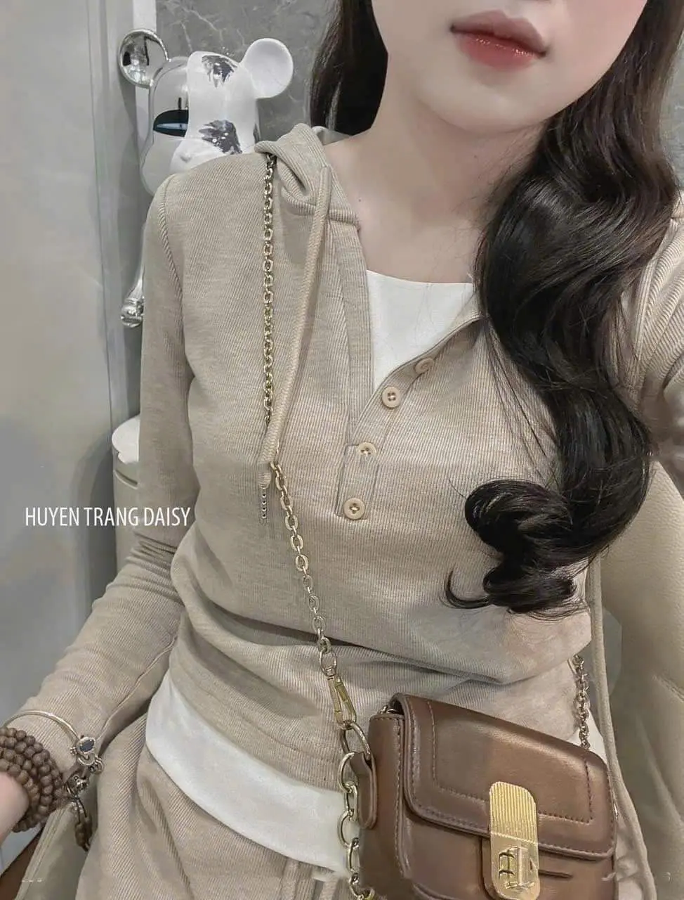 Bộ thun tăm dài tay có mũ  2 màu trắng - đen Nữ Top Women Áo