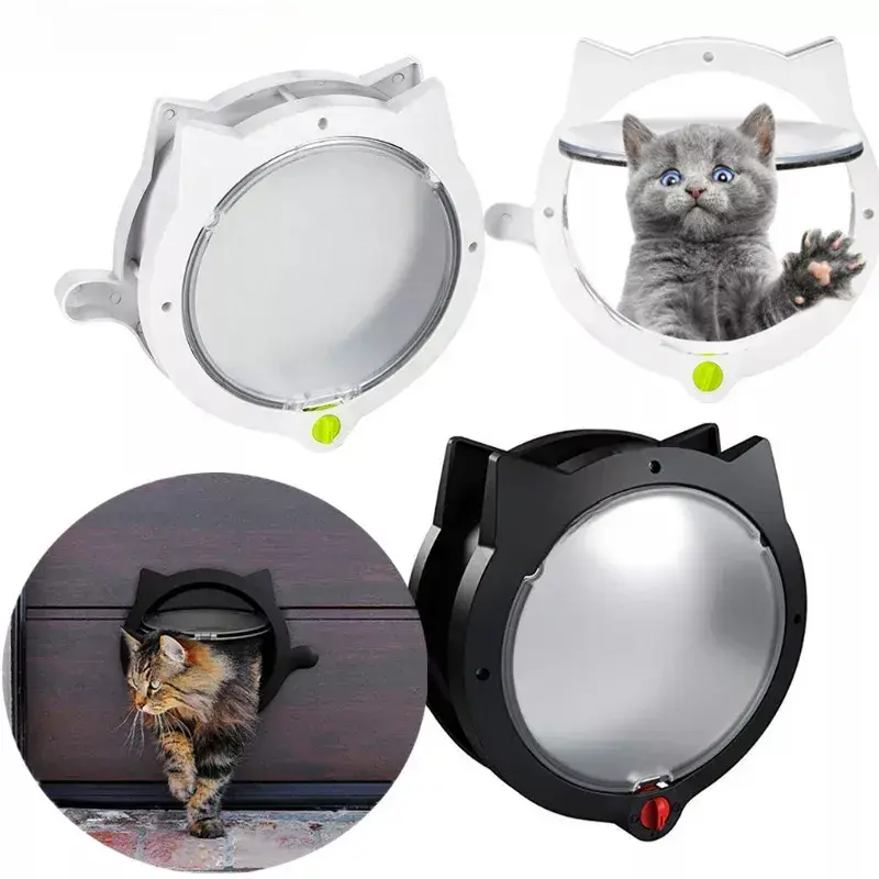 Lovely Small Round Cat Door with 4-way Lock Plastic Window Lockable Cat Crates Safe Dog Gate Access Pet Supplies Pet Supplies